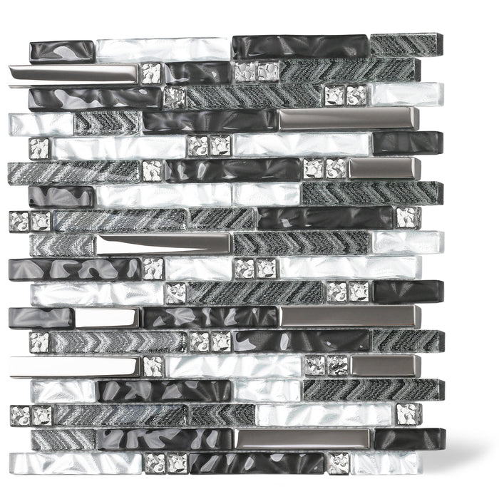 Black Silver Subway Glass Mosaic Tiles for Kitchen Backsplash Bathroom Wall【Pack of 5 Sheets】