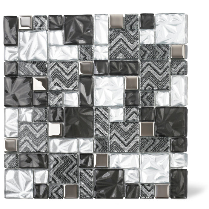Black Silver Square Glass Mosaic Tiles for Kitchen Backsplash Bathroom Wall【Pack of 5 Sheets】