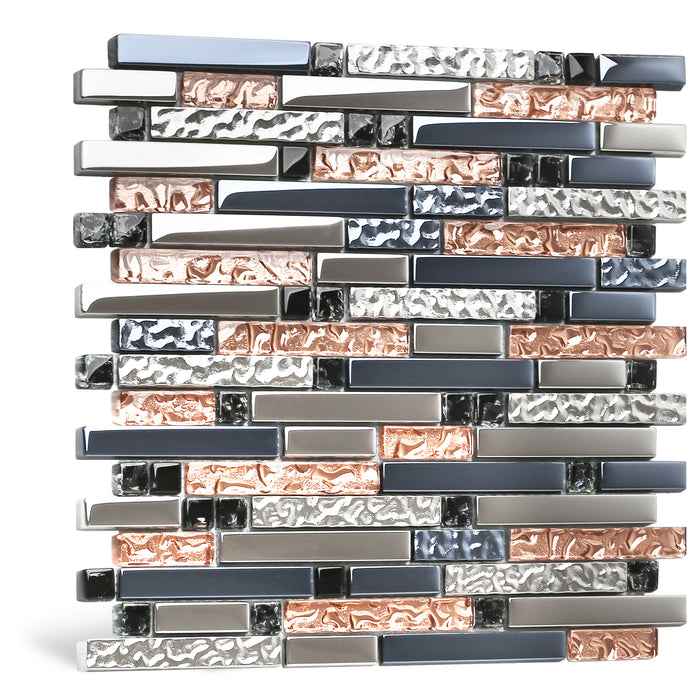 Crystal Glass Tile Interlocking Ink Blue Rose Gold Mosaic Bath Kitchen Fireplace Decor【Pack of 5 Sheets】