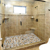 Pebble Stone Mosaic Tiles, Beige Tan Brown Ceramic Mosaic Sheets Mesh Mounted, Glazed Porcelain Tile for Shower Floor Kitchen Bathroom Accent Wall 【Pack of 5 Sheets】