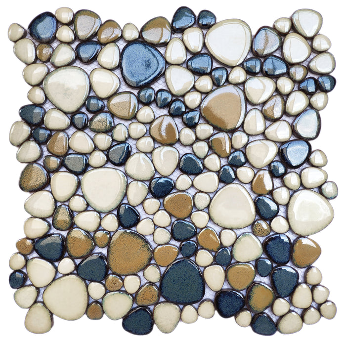 Pebbles Tile for Shower Floor Tan&Blue Mosaic Tiles for Bathroom Floor Accent Walls 【Pack of 5 Sheets】