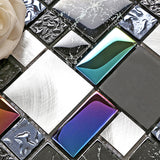 Wall Backsplash Tile Black Glass Silver Metal Iridescent Vibrant Colors for Kitchen Bathroom Shower Accents Walls【Pack of 5 Sheets】