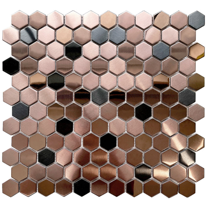 Blujellyfish Hexagon Mosaic Tile Bronze Copper Metallic Kitchen Backsplash Tile Bath Shower Floor Tiles 【Pack of 5 Sheets】