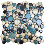 Pebble Mosaic Tile, Aqua Teal Blue Mosaic Tiles Mesh Mounted, Waterproof Ceramic Tile Flooring for Kitchen Bathroom Backsplash Shower Floor Pool【Pack of 5 Sheets】