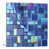 Blue Glass Mosaic Tile French Pattern Square Iridescent Starry Sky design Backsplash Tile for Swimming Pool Kitchen Bathroom Walls【Pack of 5 Sheets】