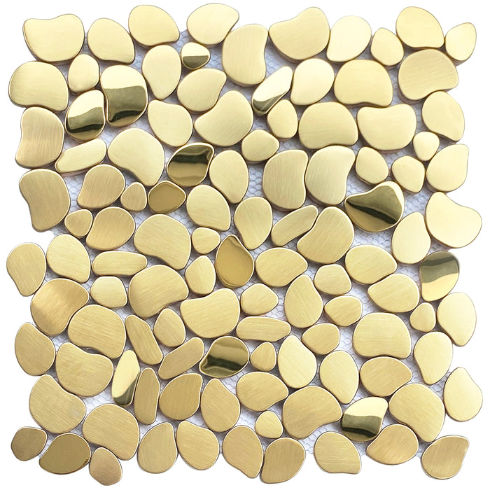 Golden Metal Pebble Mosaic Tiles,Stainless Steel Backsplash Tile,Gold Wall Tiles for Kitchen Bathroom Shower Backsplash【Pack of 5 Sheets】