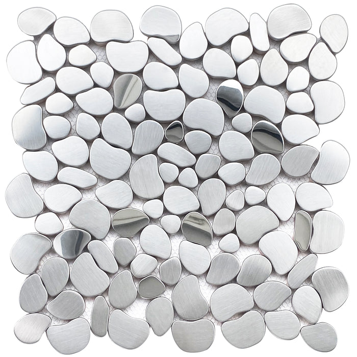 Metal Pebble Mosaic Tiles, Silver Stainless Steel Backsplash Tile for Kitchen Bath Backsplash Shower Floor【Pack of 5 Sheets】