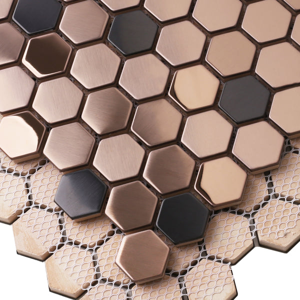 Blujellyfish Hexagon Mosaic Tile Bronze Copper Metallic Kitchen Backsp