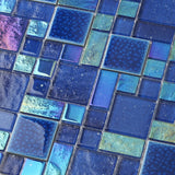 Blue Glass Mosaic Tile French Pattern Square Iridescent Starry Sky design Backsplash Tile for Swimming Pool Kitchen Bathroom Walls【Pack of 5 Sheets】