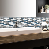 Blujellyfish Subway Glass Tile Teal Blue & White Kitchen Bathroom Wall Backsplash Tile【Pack of 5 Sheets】