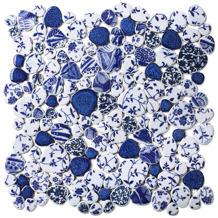 Blujellyfish Blue&White Pebble Tile Porcelain Mosaic Tiles for Art Deco【Pack of 5 Sheets】