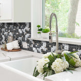 Black Silver Square Glass Mosaic Tiles for Kitchen Backsplash Bathroom Wall【Pack of 5 Sheets】