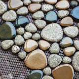 Pebble Stone Mosaic Tiles, Beige Tan Brown Ceramic Mosaic Sheets Mesh Mounted, Glazed Porcelain Tile for Shower Floor Kitchen Bathroom Accent Wall 【Pack of 5 Sheets】