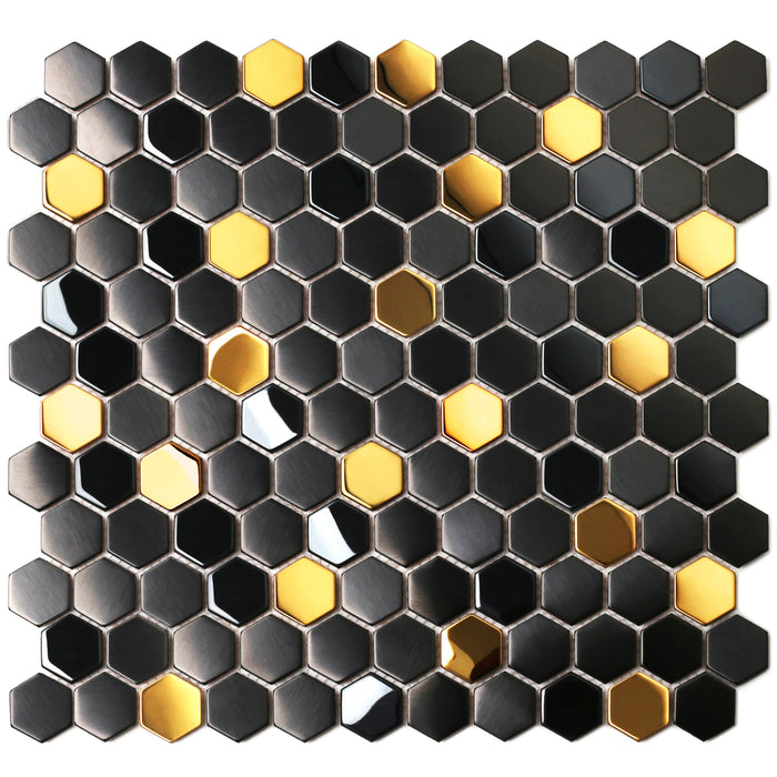 Blujellyfish Black and Gold Backsplash Wall Tiles Hexagon Mosaic Shower Floor Tile Kitchen Bathroom Tile 【Pack of 5 Sheets】