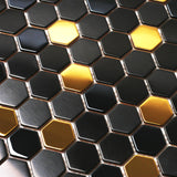 Blujellyfish Black and Gold Backsplash Wall Tiles Hexagon Mosaic Shower Floor Tile Kitchen Bathroom Tile 【Pack of 5 Sheets】