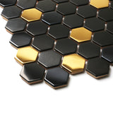 Blujellyfish Black and Gold Backsplash Wall Tiles Hexagon Mosaic Shower Floor Tile Kitchen Bathroom Tile 【Pack of 5 Sheets】