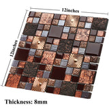 Blujellyfish Red Wine Colors Glass Tile 2'' x 2'' Leaf Carving Imprints Antique Mosaics Textured Rose Gold Metal Kitchen Bathroom Walls Backsplash Tiles【Pack of 5 Sheets】
