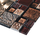Blujellyfish Red Wine Colors Glass Tile 2'' x 2'' Leaf Carving Imprints Antique Mosaics Textured Rose Gold Metal Kitchen Bathroom Walls Backsplash Tiles【Pack of 5 Sheets】