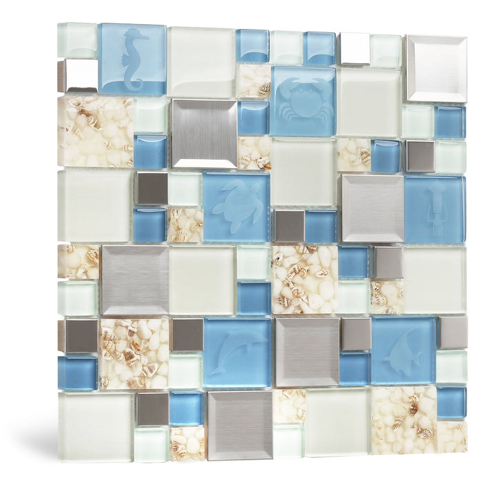 New Idea Glass Tile Marine Animals Beach Style Inner Conch Kitchen Bath Backsplash Accent Art Mosaics for Beach House【Pack of 5 Sheets】