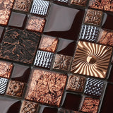 Blujellyfish Red Wine Colors Glass Tile 2'' x 2'' Leaf Carving Imprints Antique Mosaics Textured Rose Gold Metal Kitchen Bathroom Walls Backsplash Tiles【Pack of 5 Sheets】