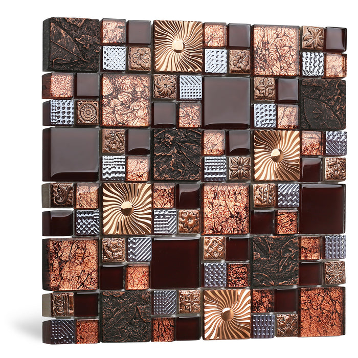 Blujellyfish Red Wine Colors Glass Tile 2'' x 2'' Leaf Carving Imprints Antique Mosaics Textured Rose Gold Metal Kitchen Bathroom Walls Backsplash Tiles【Pack of 5 Sheets】