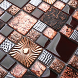 Blujellyfish Red Wine Colors Glass Tile 2'' x 2'' Leaf Carving Imprints Antique Mosaics Textured Rose Gold Metal Kitchen Bathroom Walls Backsplash Tiles【Pack of 5 Sheets】