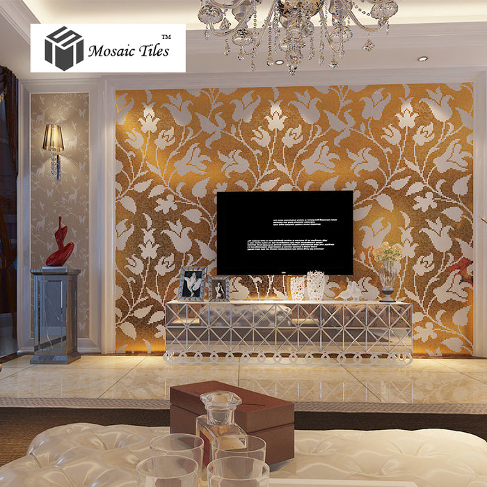 TST Mosaic Collages Golden White Flowers Tulip Pattern Picture Art Wall Tiles