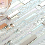 Glass Metal Tile Iridescent White Glass Silver Chrome Stainless Steel Interlocking Mosaic【Pack of 5 Sheets】