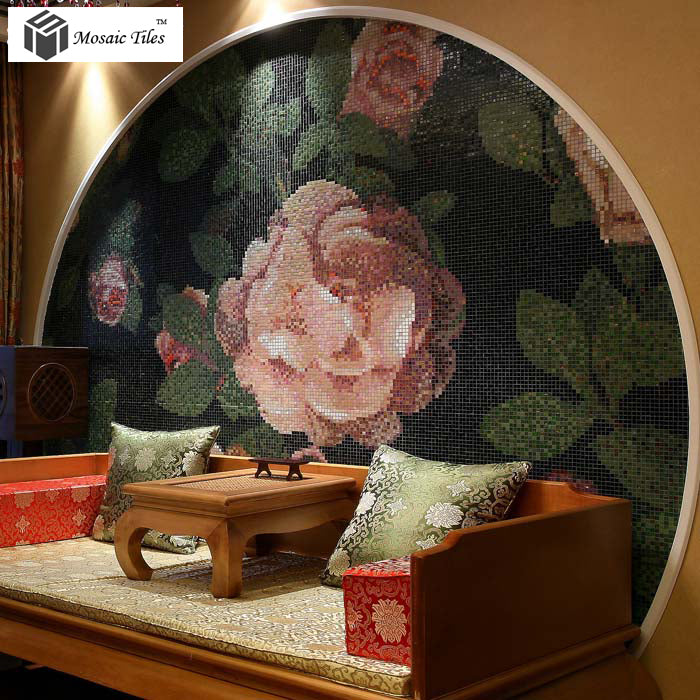 TST Mosaic Collages Classic Peony Flowers Crystal Glass Interior Design Wall Backsplash Black White