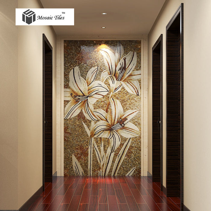 TST Mosaic Mural White Lily Flower Parquet Customized Art Wall
