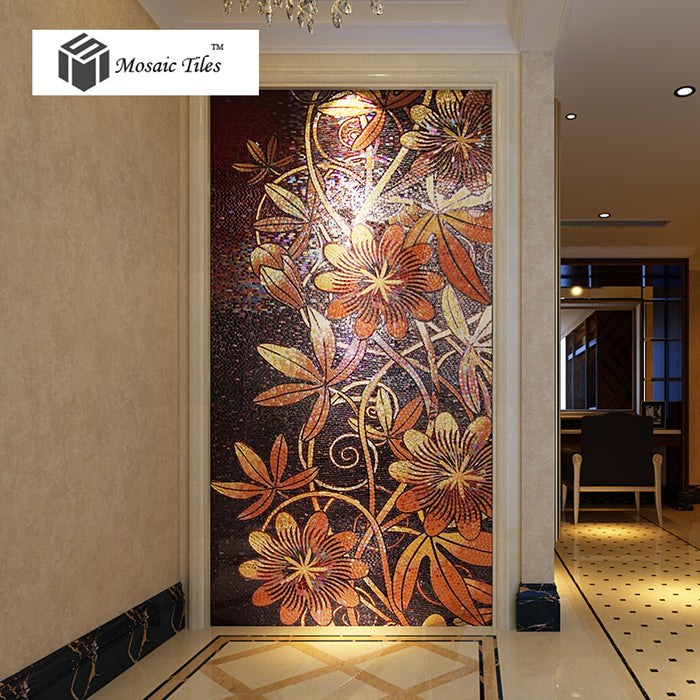 TST Mosaic Mural Nature Flower Vines Red & Black Shinning Crystal Unique Interior Wall Deco
