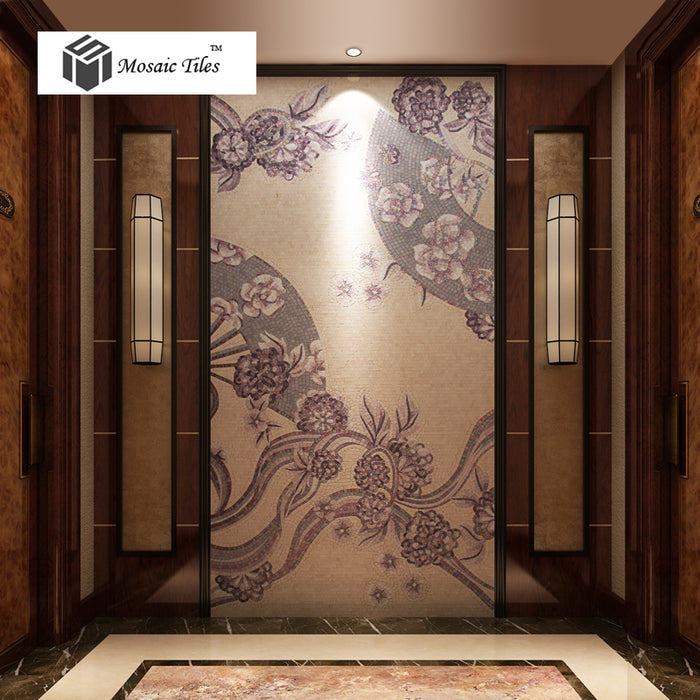 TST Mosaic Mural Chinese Traditional Folding Fan Blossom Flower Wall Deco Fire Place