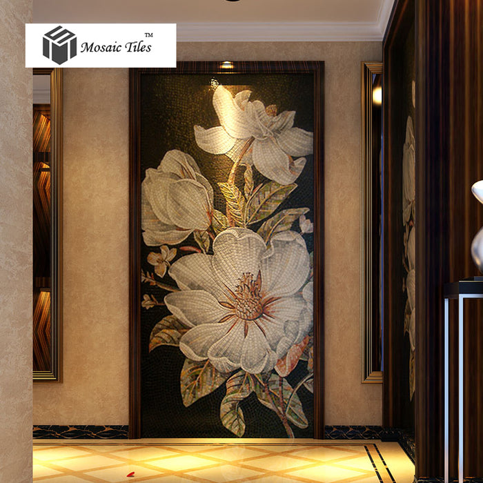 TST Mosaic Mural White Kapok Beautiful Flower Parquet Unique Design