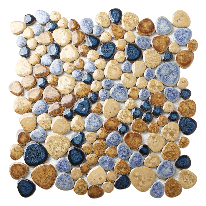 Porcelain Pebbles Tile Art Mosaics Glazed Blue Ceramic Tiles for Bathroom Shower Floor【Pack of 5 Sheets】