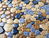 Porcelain Pebbles Tile Art Mosaics Glazed Blue Ceramic Tiles for Bathroom Shower Floor【Pack of 5 Sheets】