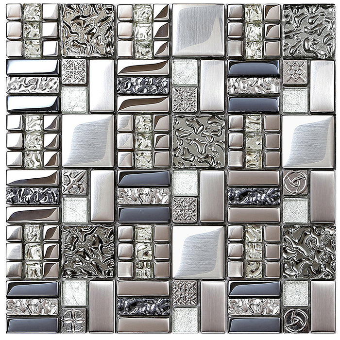 Blujellyfish Glass Metallic Mosaic Tiles Silver Kitchen Backsplash Bathroom Shower Accent Wall Decor【Pack of 5 Sheets】