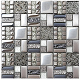 Blujellyfish Glass Metallic Mosaic Tiles Silver Kitchen Backsplash Bathroom Shower Accent Wall Decor【Pack of 5 Sheets】