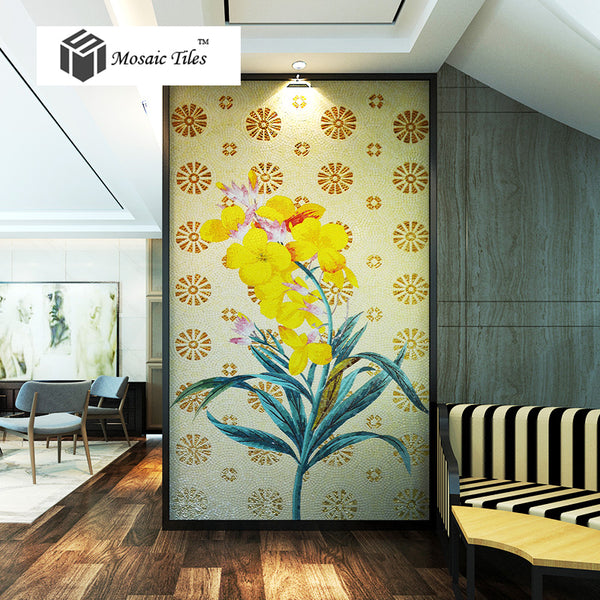 TST Mosaic Mural Yellow Hibiscus Flower Fireplace Livingroom Wall