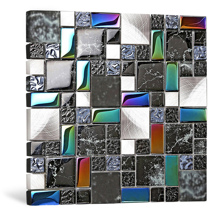 Wall Backsplash Tile Black Glass Silver Metal Iridescent Vibrant Colors for Kitchen Bathroom Shower Accents Walls【Pack of 5 Sheets】