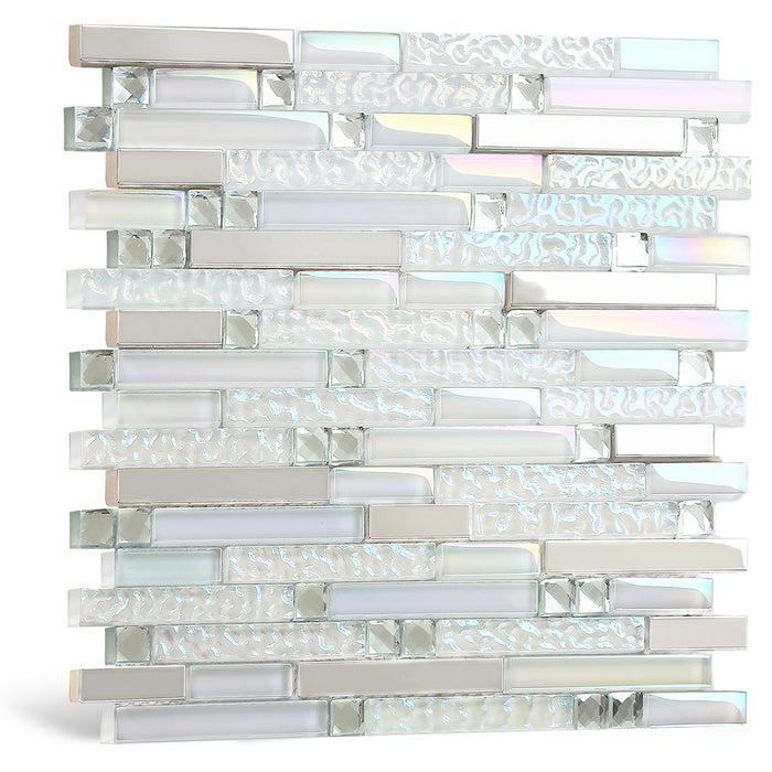 Glass Metal Tile Iridescent White Glass Silver Chrome Stainless Steel Interlocking Mosaic【Pack of 5 Sheets】