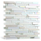 Glass Metal Tile Iridescent White Glass Silver Chrome Stainless Steel Interlocking Mosaic【Pack of 5 Sheets】