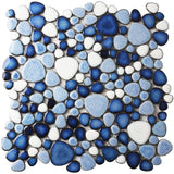 Aegean Blue White Porcelain Pebble Mosaic Tiles for Shower Floor Bathroom Accent Wall