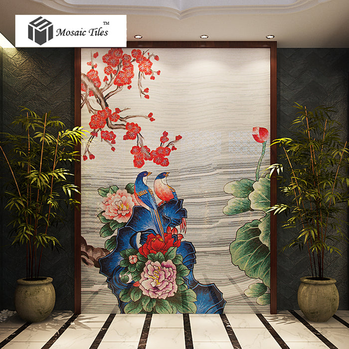 TST Mosaic Mural Nature Scenery Birds & Flowers Colorful Parquet Unique Design Hand Made Mosaic TIles
