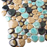 Porcelain Pebbles Beautiful Fambe Bathroom Floor Turquoise Beige Mosaic Tiles Wall Deco【Pack of 5 Sheets】