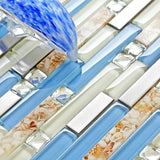 TST Glass Inner Conch Tile Blue Cream White Brushed Steel Art Mosaic Bath Decor TSTNB06