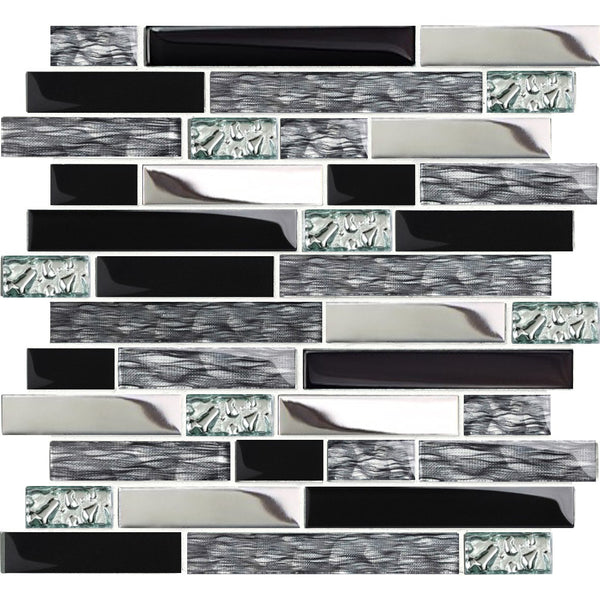 Blujellyfish Black Chrome Silver Glass Tile Kitchen Backsplash Art Mos