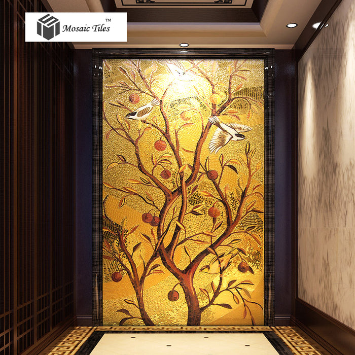 TST Mosaic Mural Golden Flower And Birds Customize Picture Art Parquet Mosaic