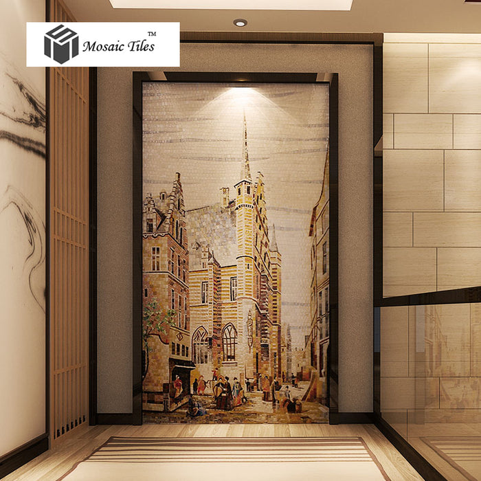 TST Mosaic Murals Yellow Painting Tower Old Town Hand Made Customized Wall Deco