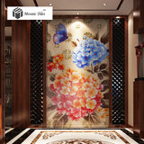 TST Mosaic Mural Blue Red Pink Hydrangea Flower Butterfly Hotel Studio Wall Deco