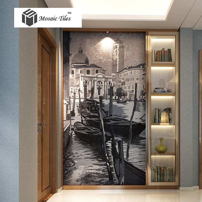 TST Mosaic Murals Parquet Famous Painting Venice Beautiful City Water Boat Black & White